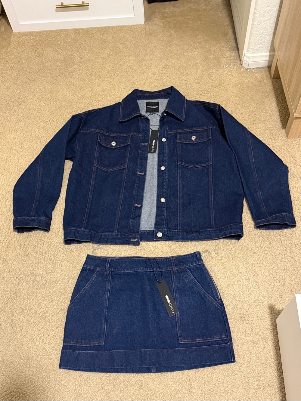 NWT Fashion Nova Denim Jacket and Skirt Set Sz M